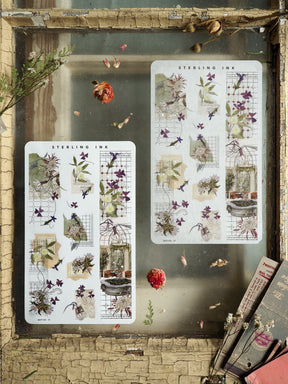 Botanical washi sticker sheets featuring delicate arrangements of purple wildflowers, greenery, and sketches contained within decorative, vintage-style frames.