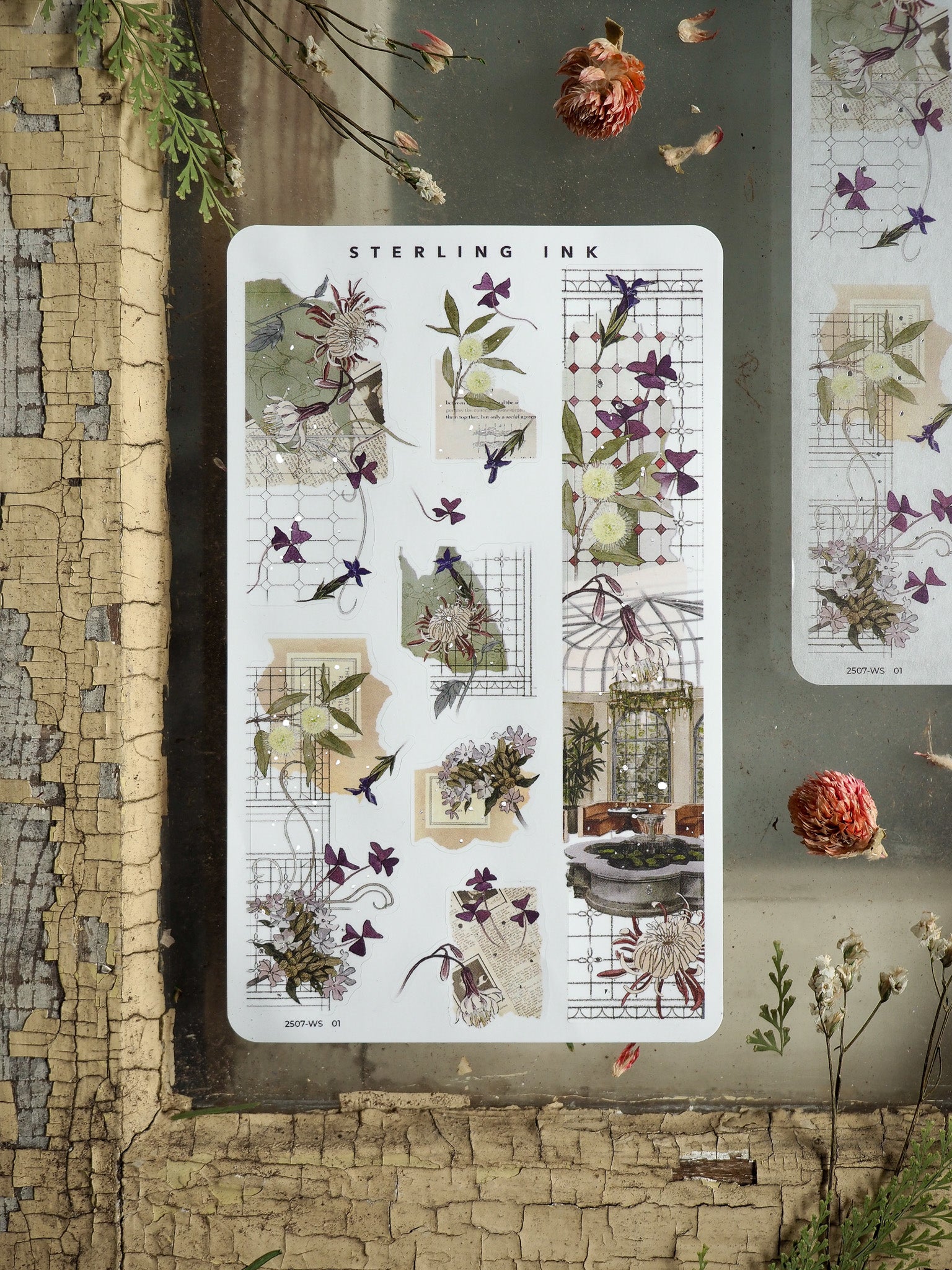 Botanical washi strip stickers featuring watercolor arrangements of muted purple and green flowers, leaves, and various decorative elements for journaling and scrapbooking.