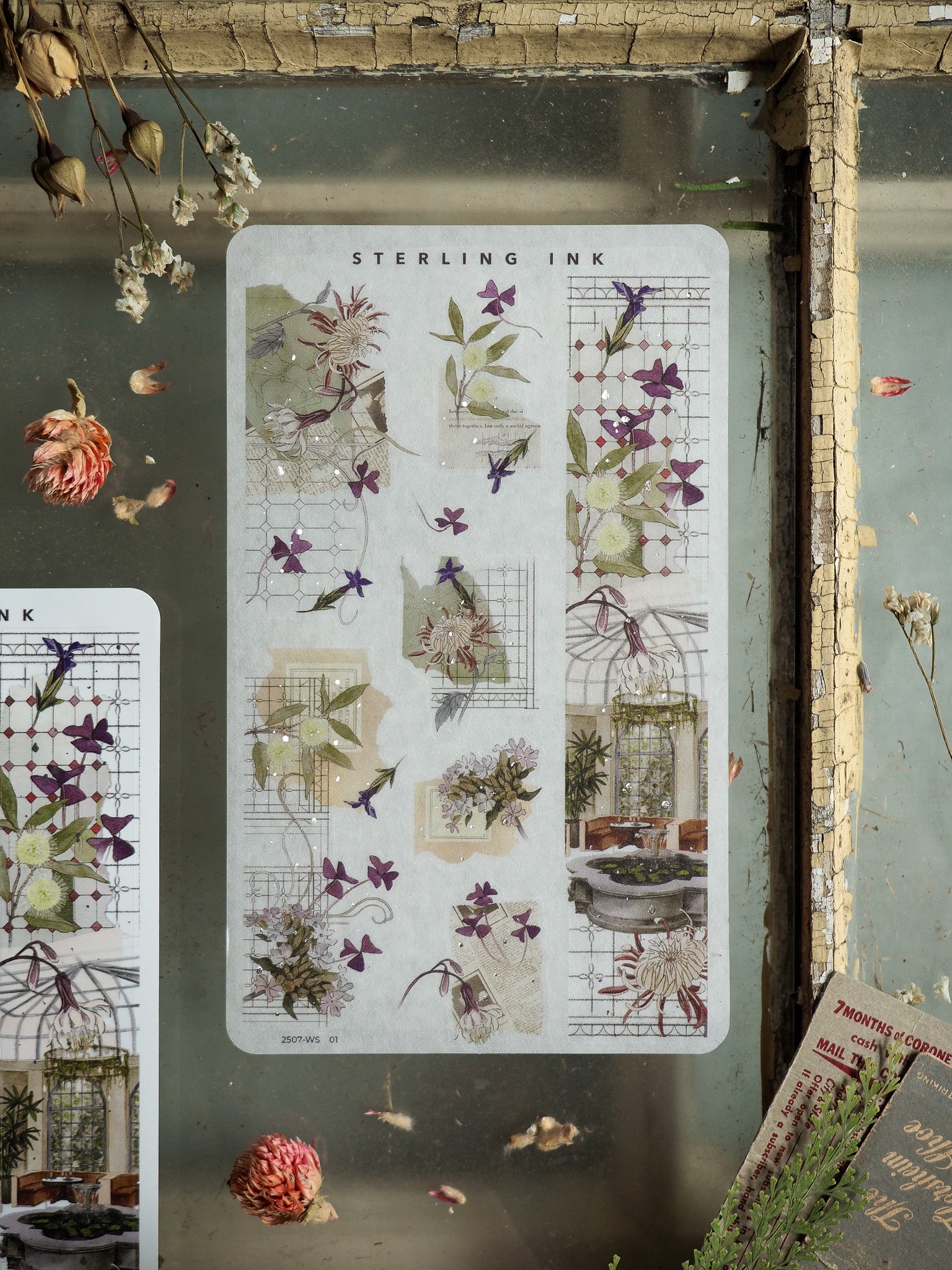 Vertical washi strip stickers displaying delicate watercolor botanical art, featuring clusters of purple lilacs, varying green foliage, and detailed floral arrangements.