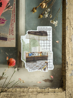 Rustic die-cut sticker featuring a layered vintage layout with wooden frame elements and a delicate cross-hatched grid pattern suitable for scrapbooking.