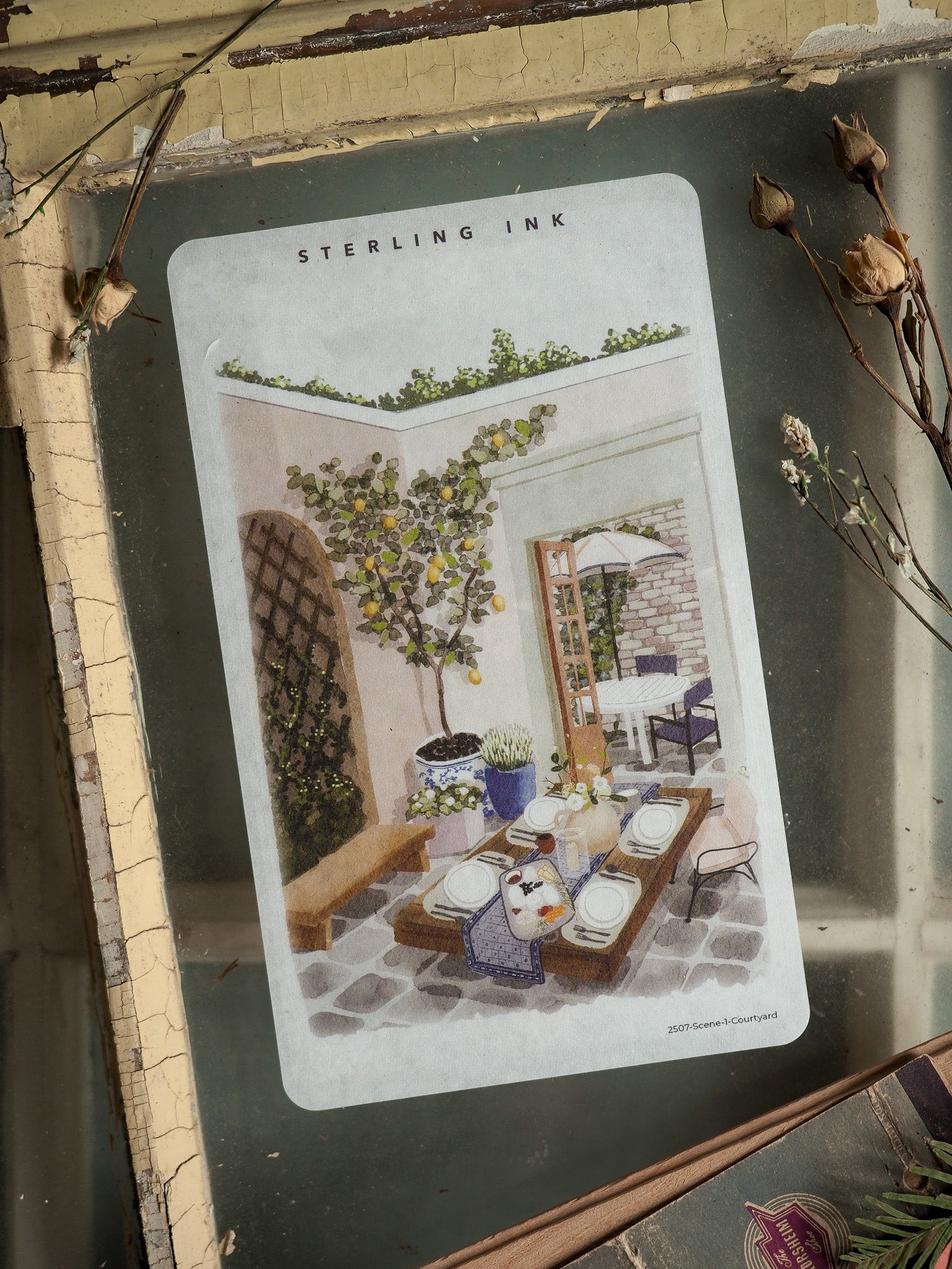Detailed sticker illustration of a serene, sunny courtyard scene featuring lush green vines, a set dining table, and charming Mediterranean-style architecture.