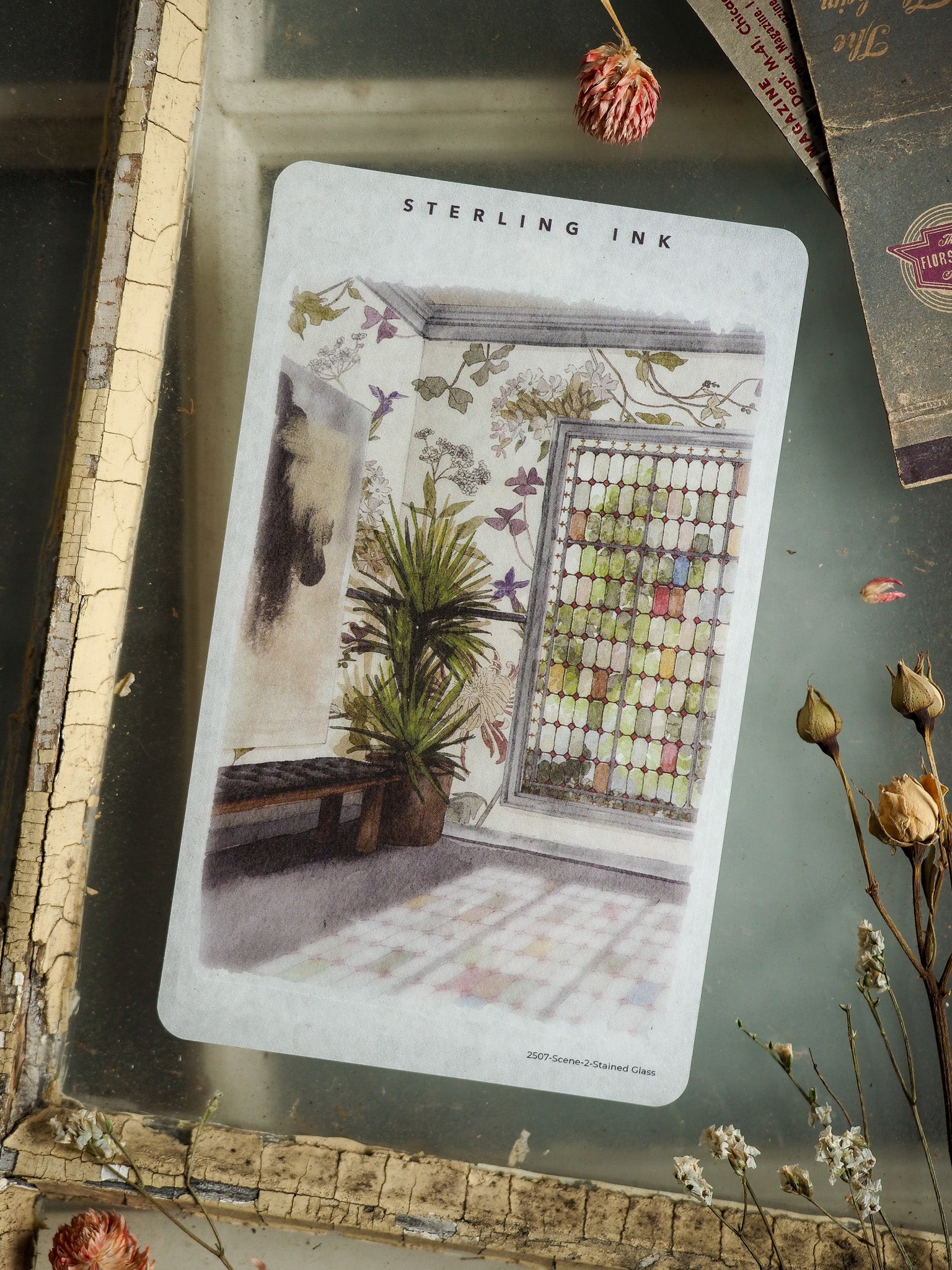 Detailed single scene sticker of a botanical arrangement, showing lush indoor plants next to a pastel stained glass window.