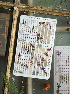 Decorative sticker sheet featuring thin strips of botanical illustrations, academic grids, and muted purple and cream floral borders perfect for journaling and scrapbooking.
