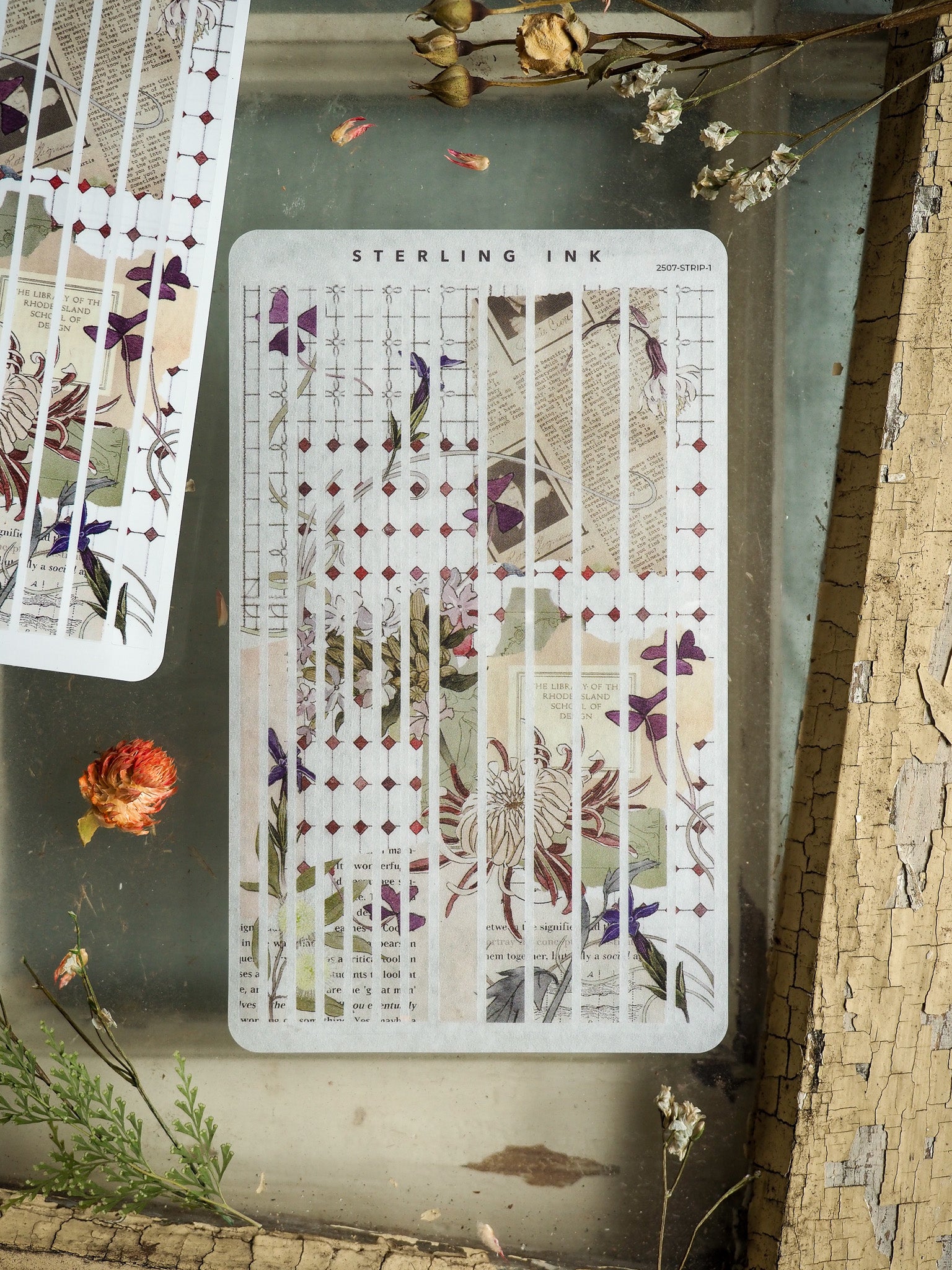 Vintage botanical and textual strip stickers featuring pale florals, scientific drawings, and faded grid patterns, perfect for scrapbooking or journaling.