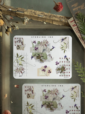 Delicate botanical corner stickers featuring watercolor florals, grasses, and greenery accented with elegant silver foil details for journaling and scrapbooking.