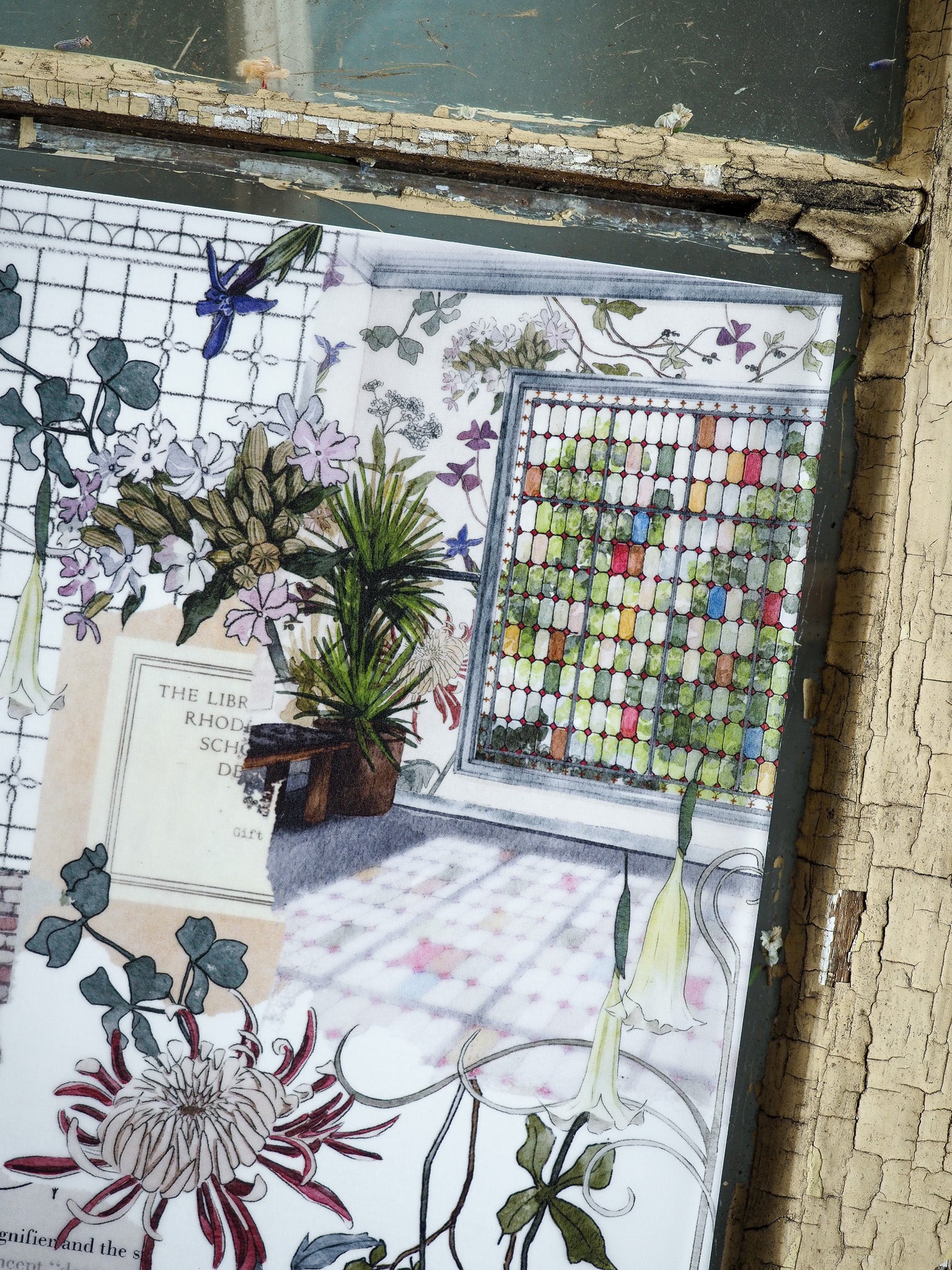 Lush botanical illustration for a planner cover, depicting peonies, lilies, and rich foliage set against a framed grid window scene.
