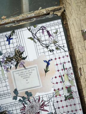 Vintage botanical print featuring muted floral illustrations, patterned grids, and the text "The Library of the Rhode Island School of Design."