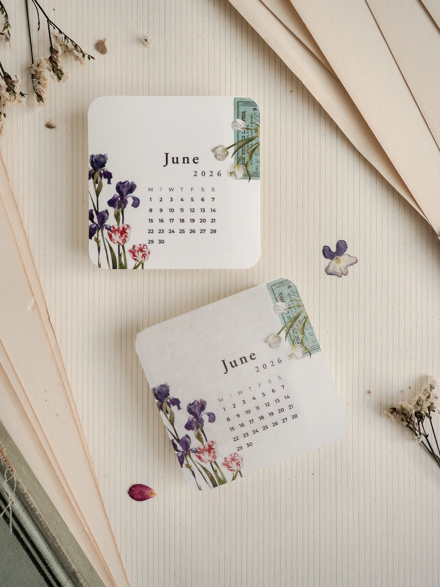 Pastel floral June calendar set featuring elegant watercolor illustrations of purple and blue spring wildflowers.