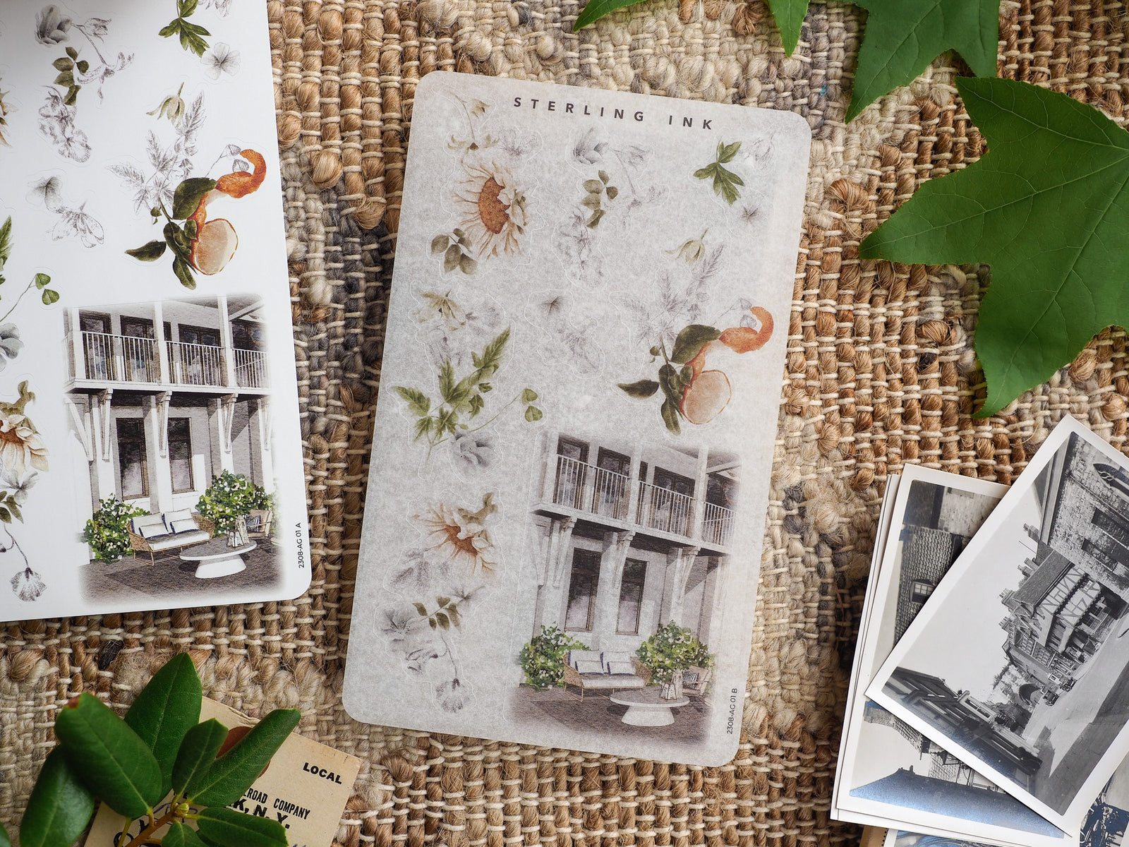 Delicate sticker sheet featuring elegant vintage architecture, potted greenery, and scattered autumnal foliage rendered in a charming, muted watercolor style.