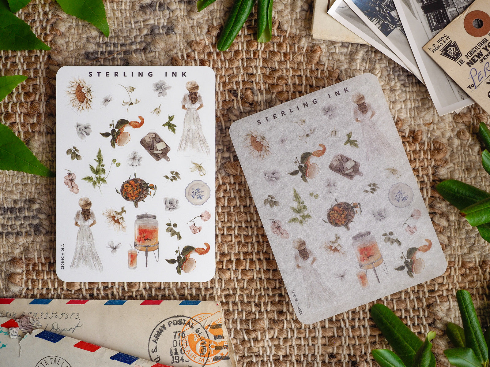 Watercolor sticker sheets featuring mini decorative elements like sunflowers, harvest icons, wildflowers, and drawn figures for journaling.