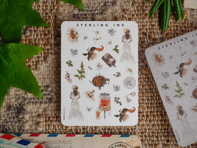 Mini sticker card featuring a whimsical collection of hand-drawn botanical icons, including sunflowers, berries, insects, and seasonal elements, perfect for journaling.