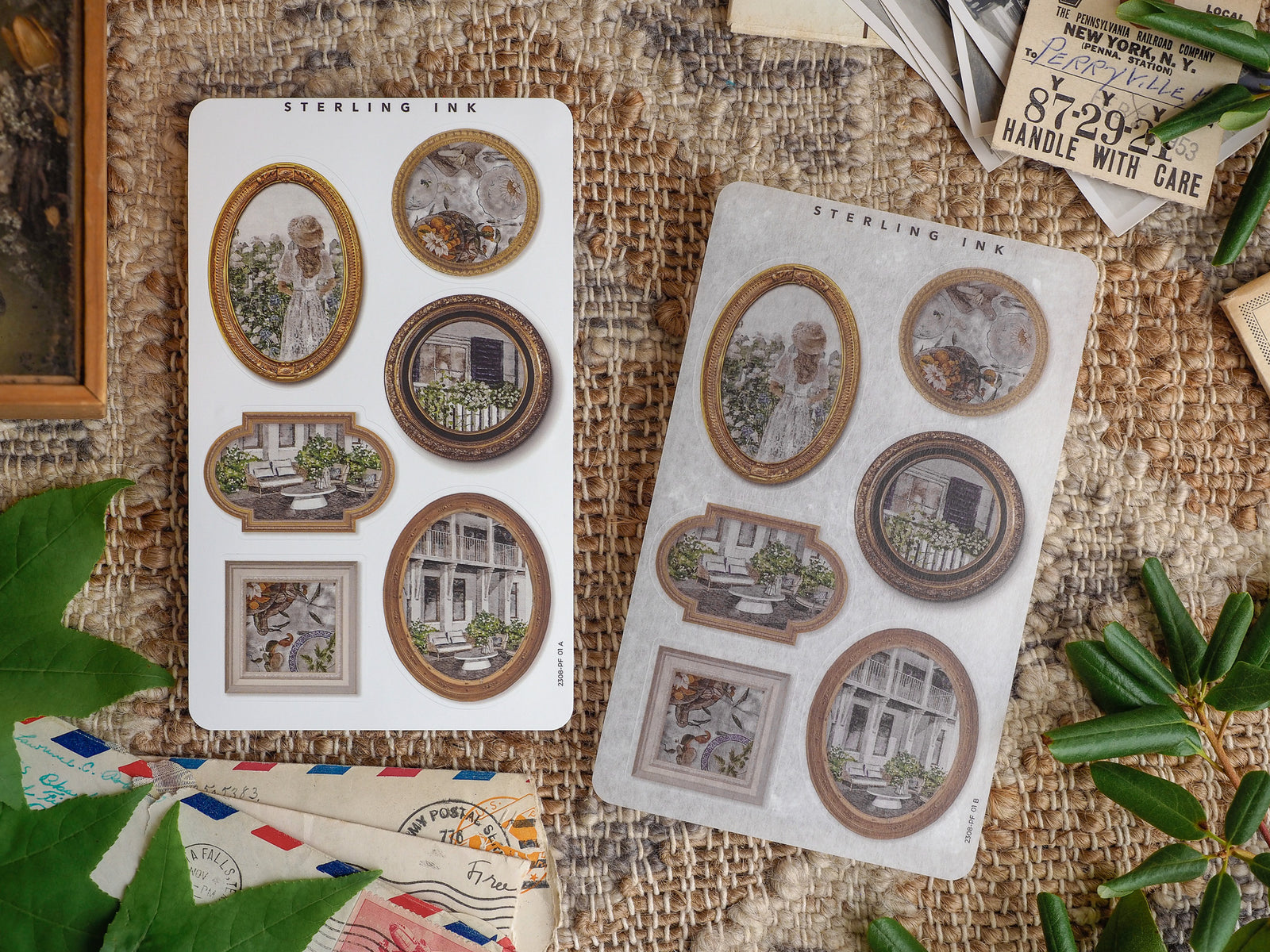 Decorative sticker sheets featuring diverse picture frames filled with sepia-toned vintage vignettes of historic architectural scenes and people.