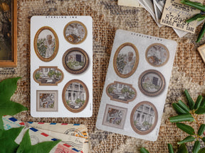 Decorative sticker sheets featuring diverse picture frames filled with sepia-toned vintage vignettes of historic architectural scenes and people.