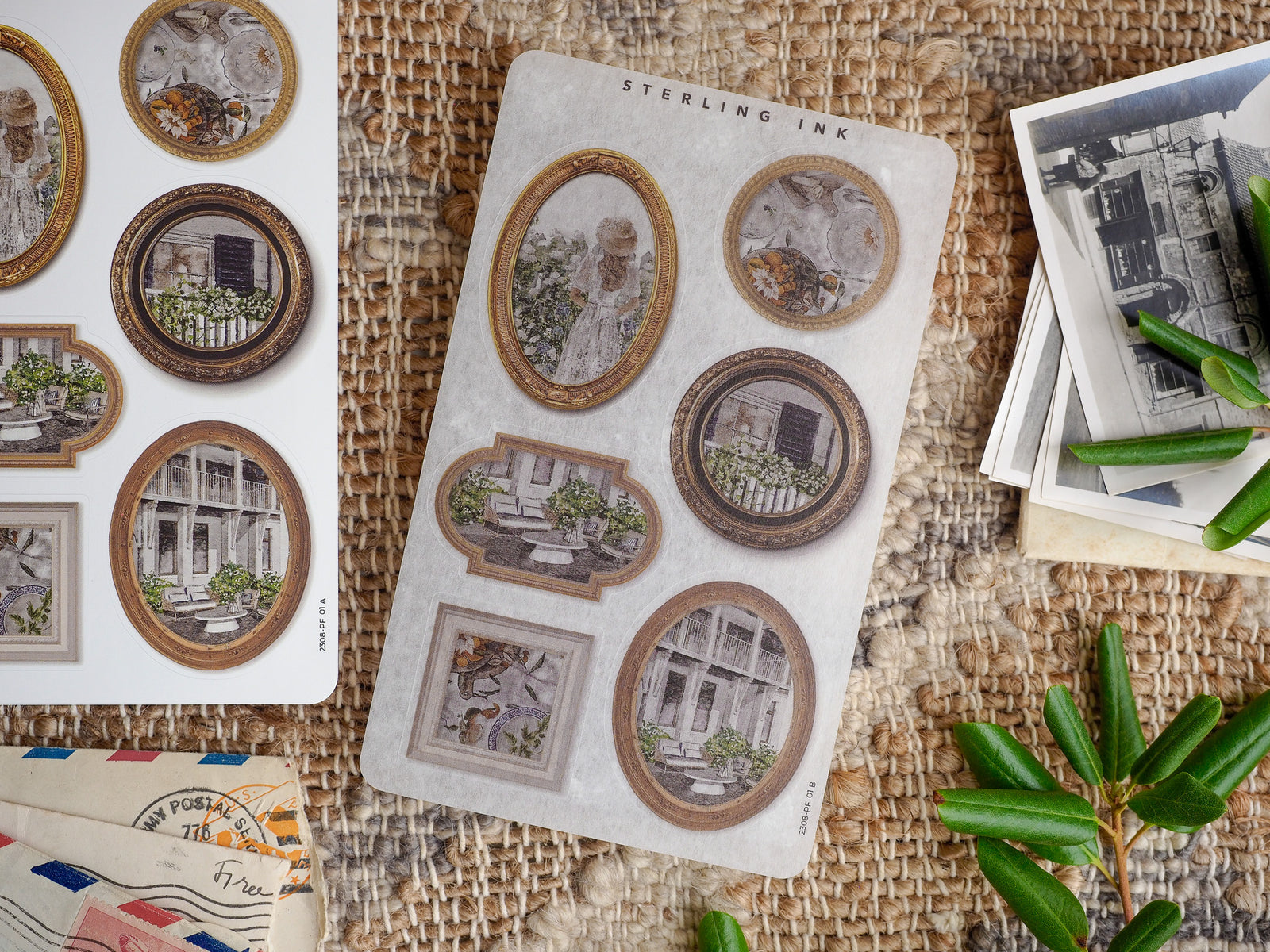 Decorative sticker sheet featuring vintage, sepia-toned architectural scenes encapsulated in ornate picture frames perfect for scrapbooking and journaling.