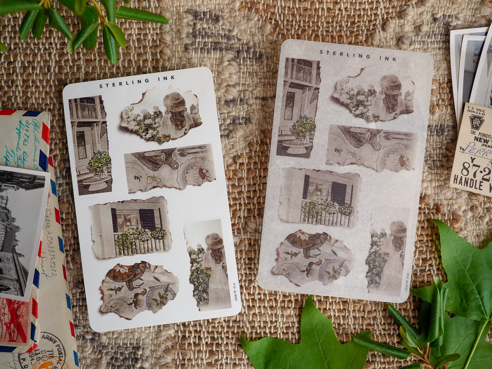 Vintage scrapbook stickers featuring sepia-toned ephemera, architectural drawings of storefronts, and rustic floral elements for journaling and crafting.