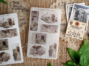Rich, distressed stickers in sepia tones featuring vintage architectural postcards and historical typography, perfect for journaling or craft embellishment.