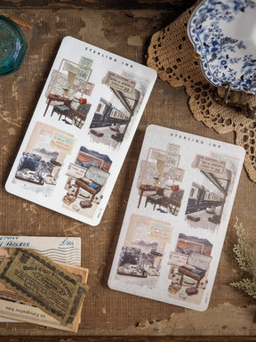 Sepia-toned sticker sheets featuring vintage collage elements, faux antique architectural sketches, and labeled photo transfers for a highly detailed, retro scrapbook look.