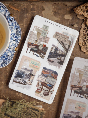 A detailed vintage collage sticker sheet featuring sepia-toned ephemera, distressed tickets, and antique train stations for creative journaling and scrapbooking.