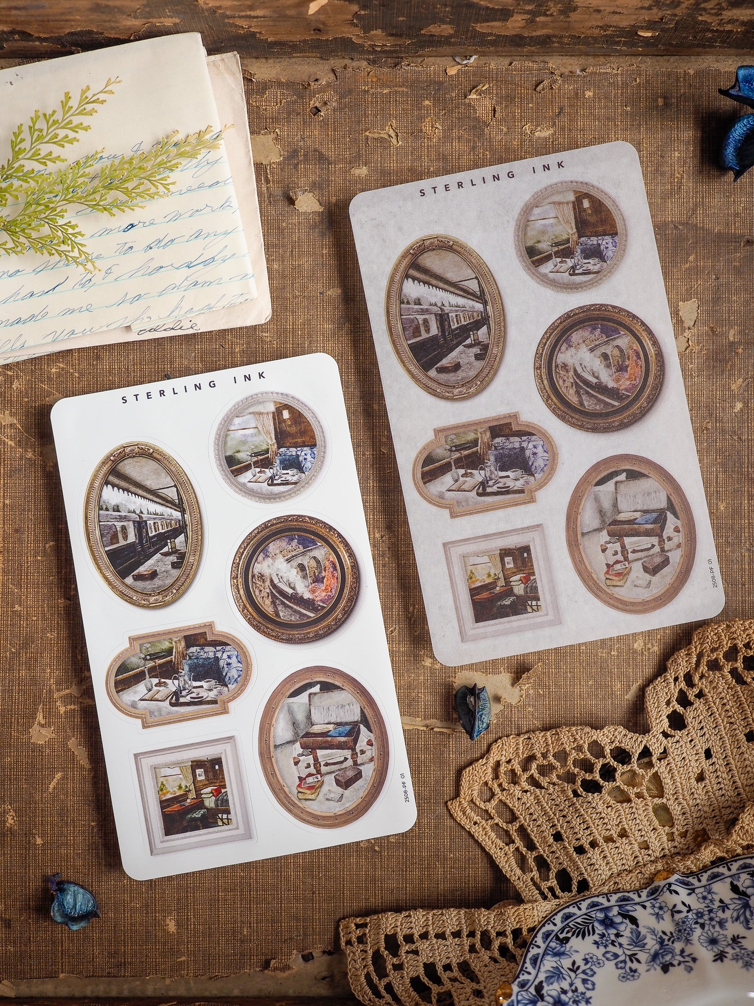 A collection of vintage picture frame stickers featuring circular and rectangular frames with sepia-toned images of trains, interiors, and nostalgic scenes.