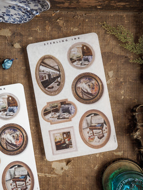 A vintage sticker sheet of assorted picture frame die-cuts featuring rustic, sepia-toned miniature scenes perfect for scrapbooking and crafting.