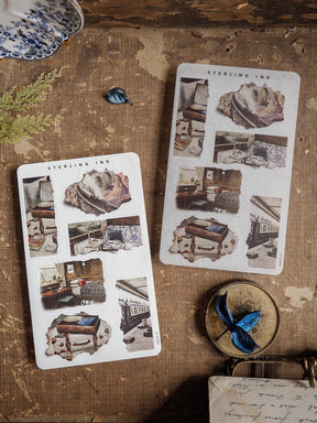Distressed sticker sheets featuring sepia-toned, torn paper images of vintage architecture, antique furniture, and romantic ephemera for journaling.