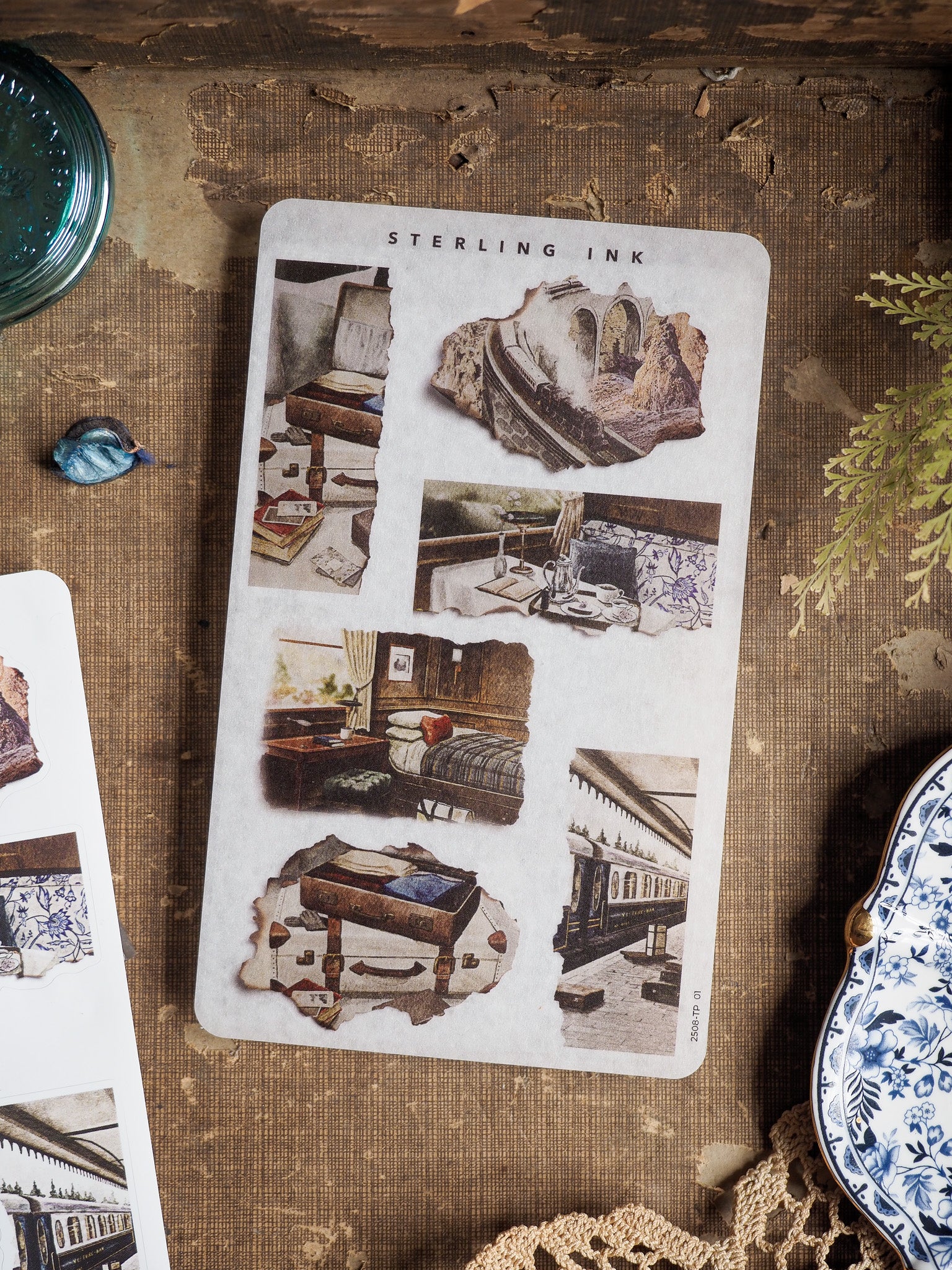 Sheet of vintage, sepia-toned stickers with torn paper edges, showcasing rustic vignettes of historical interiors and antique furniture designs.