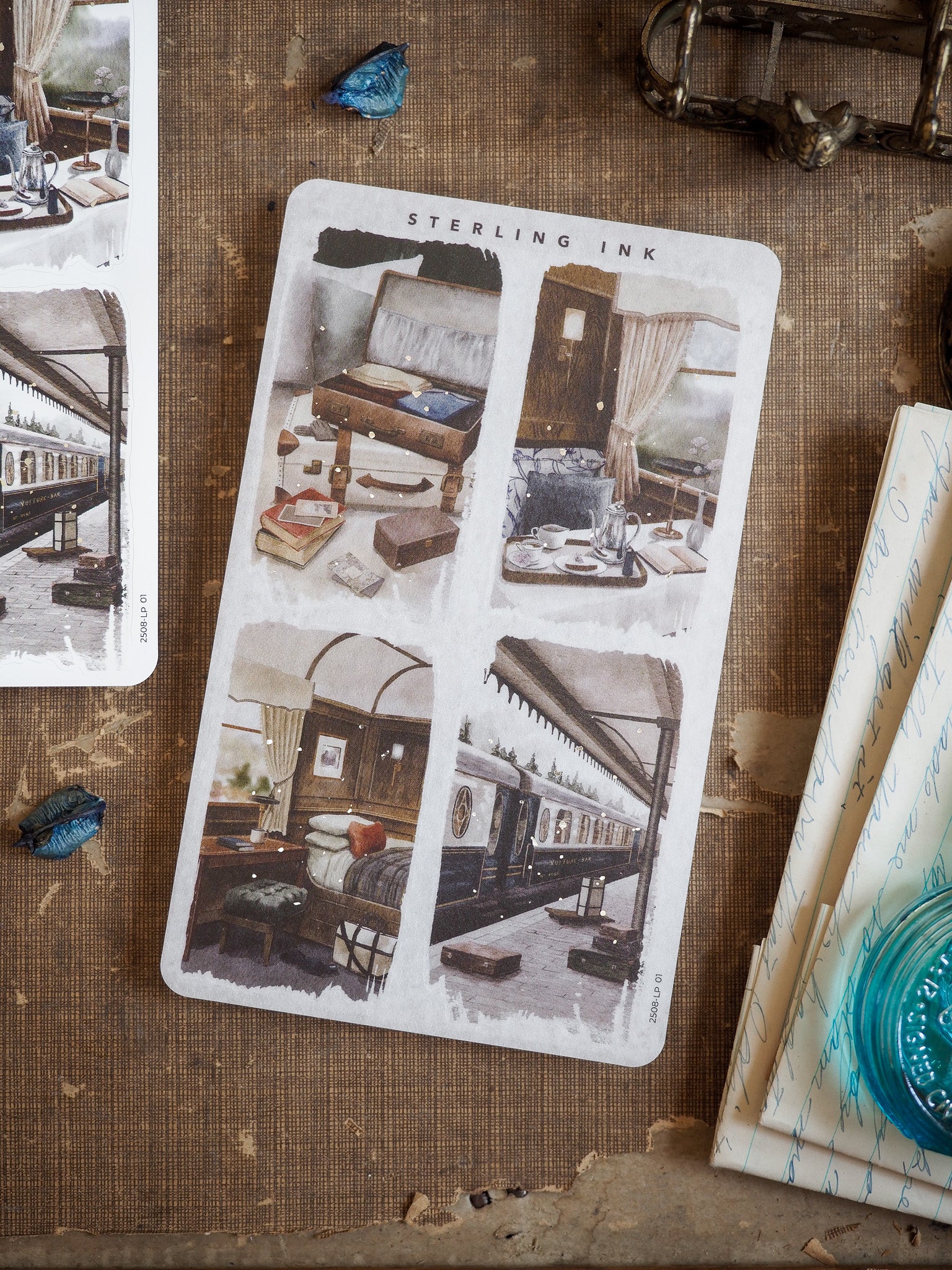 Large decorative stickers featuring nostalgic, sepia-toned illustrations of vintage train cars and cozy, antique interior rooms.