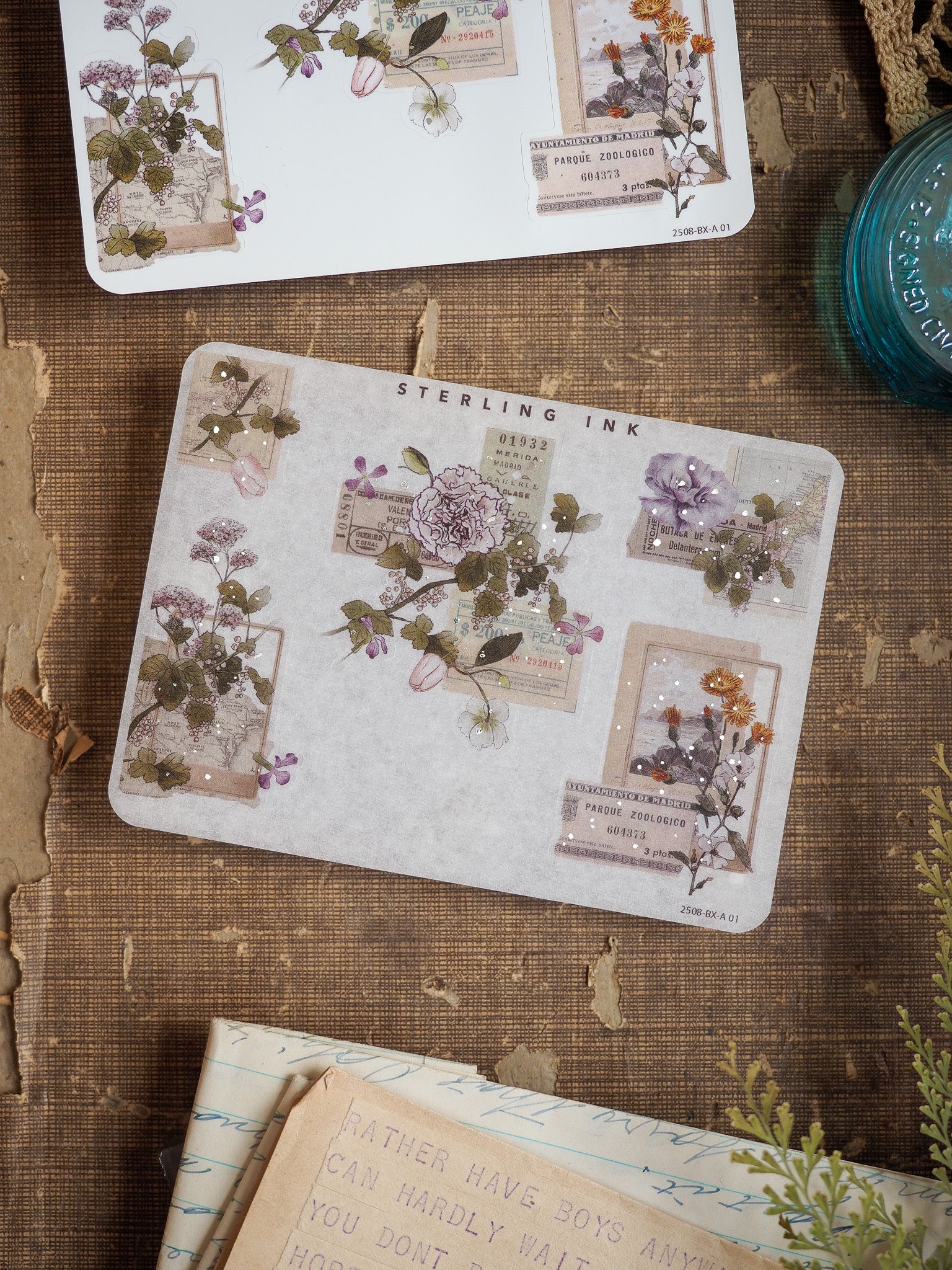 Sticker set featuring vintage botanical edges and corners with muted florals, antique illustrations, and delicate silver foil accents.