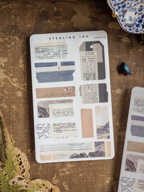 Collection of vintage, beige-toned torn tape stickers featuring retro travel tickets, dates, and stamps perfect for journaling and scrapbooking embellishments.