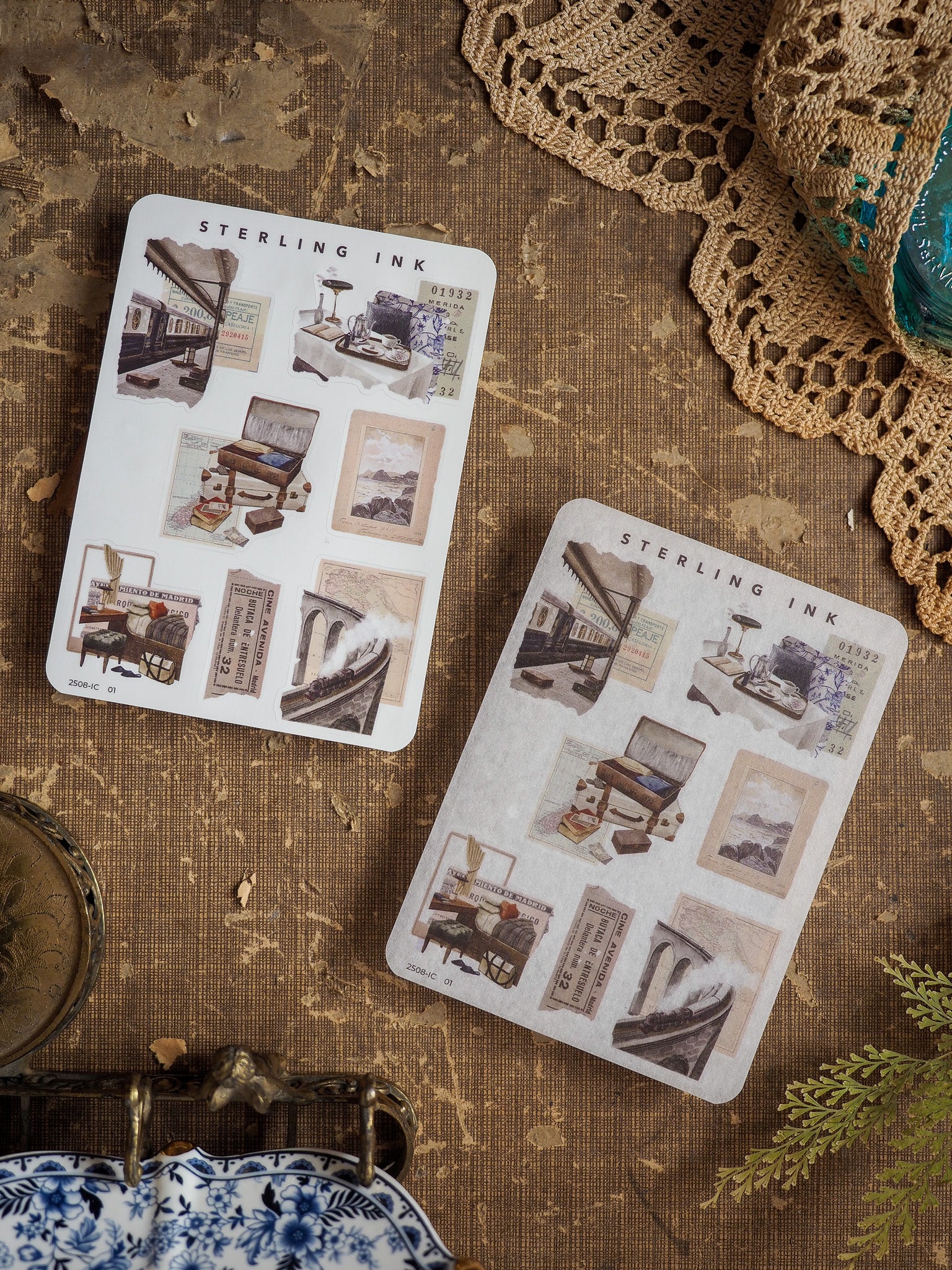 Collection of mini vintage-style stickers featuring sepia-toned elements like architectural details, historical photographs, and rustic icons.
