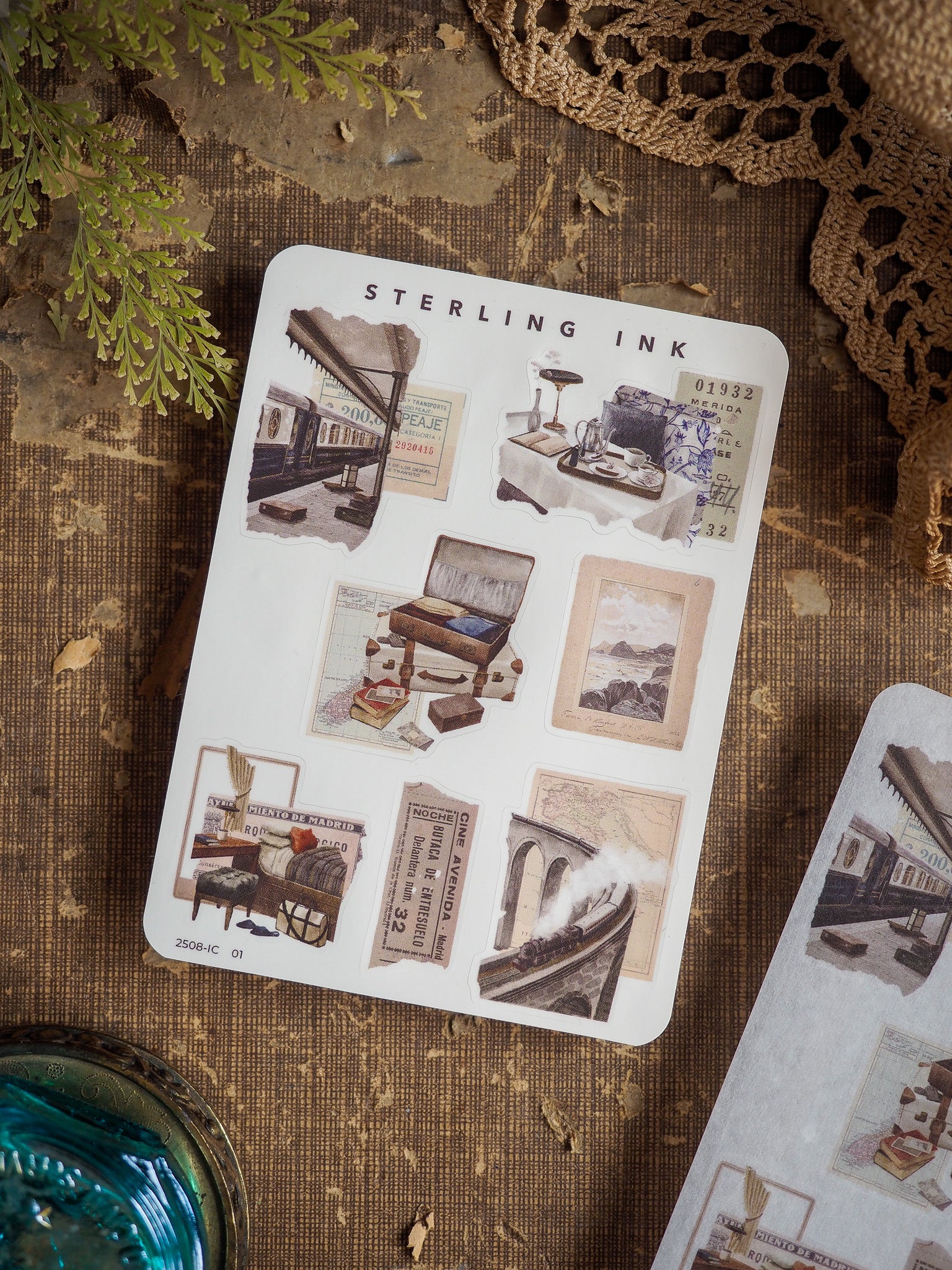 Sticker sheet featuring vintage sepia-toned mini elements and icons, including detailed architectural sketches, town scenes, and everyday objects.