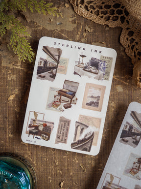 Sticker sheet featuring vintage sepia-toned mini elements and icons, including detailed architectural sketches, town scenes, and everyday objects.