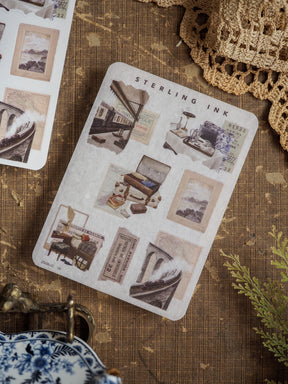 Mini Elements Icon Stickers sheet featuring antique, sepia-toned illustrations of vintage architectural details, buildings, and nostalgic motifs.