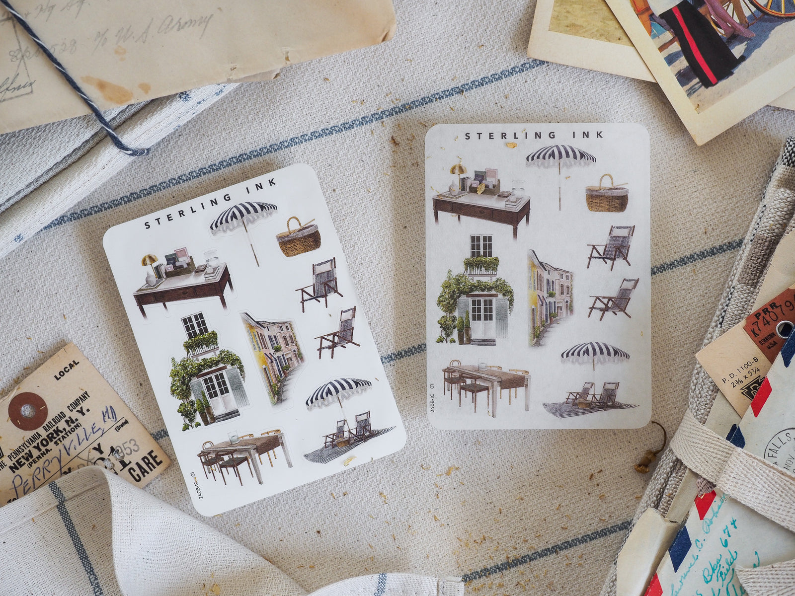 Mini Elements icon stickers featuring charming black and white illustrations of quaint storefronts, market stalls, and vintage street furniture.