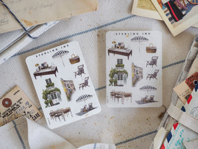 Mini Elements icon stickers featuring charming black and white illustrations of quaint storefronts, market stalls, and vintage street furniture.