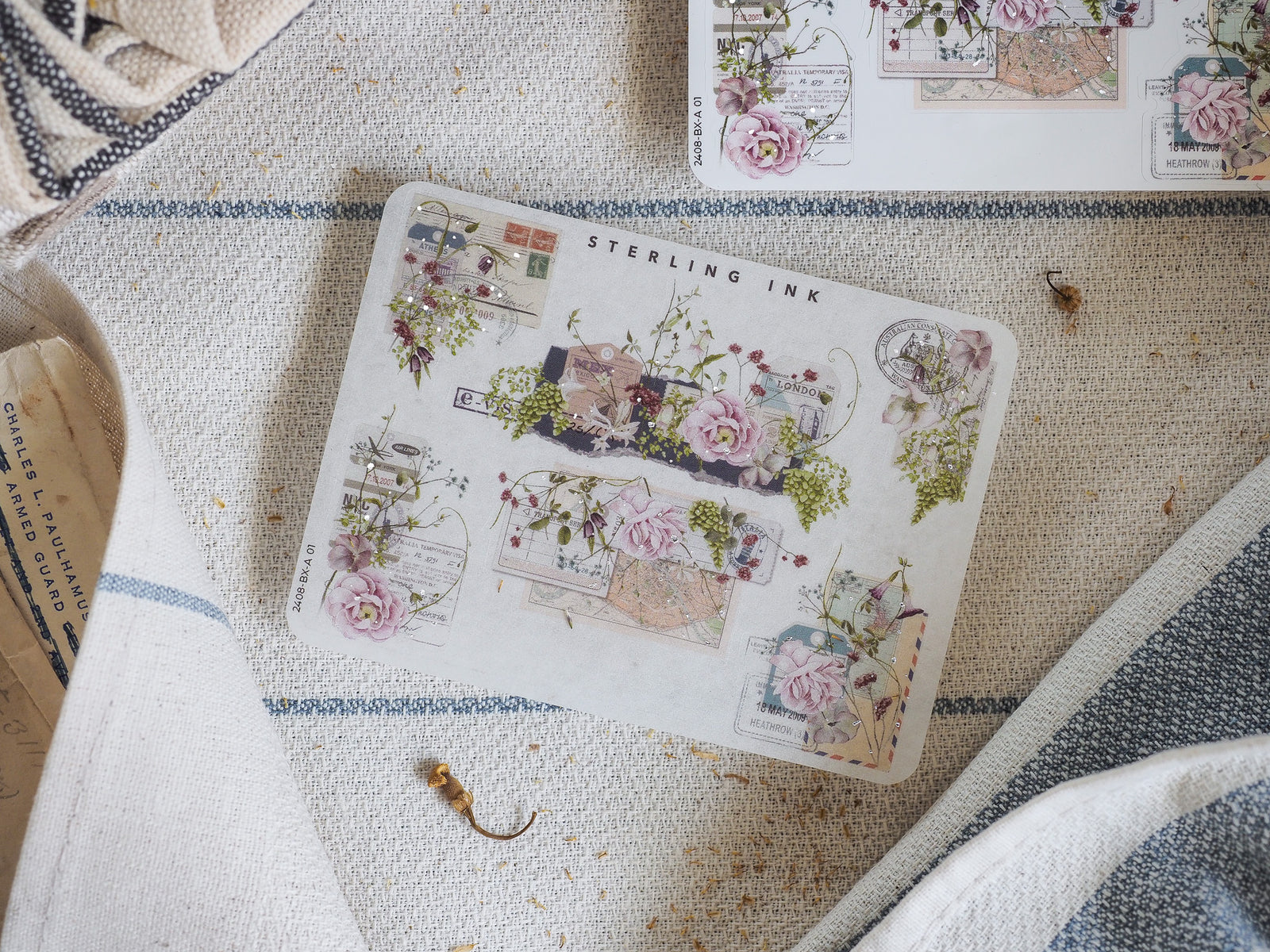Decorative sticker sheet featuring elegant watercolor vignettes of pink roses and greenery, designed with delicate corner accents for scrapbooking and journaling.