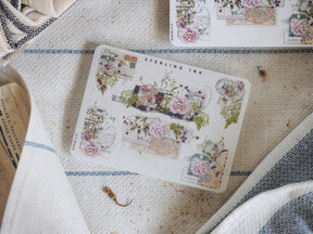 Decorative sticker sheet featuring elegant watercolor vignettes of pink roses and greenery, designed with delicate corner accents for scrapbooking and journaling.