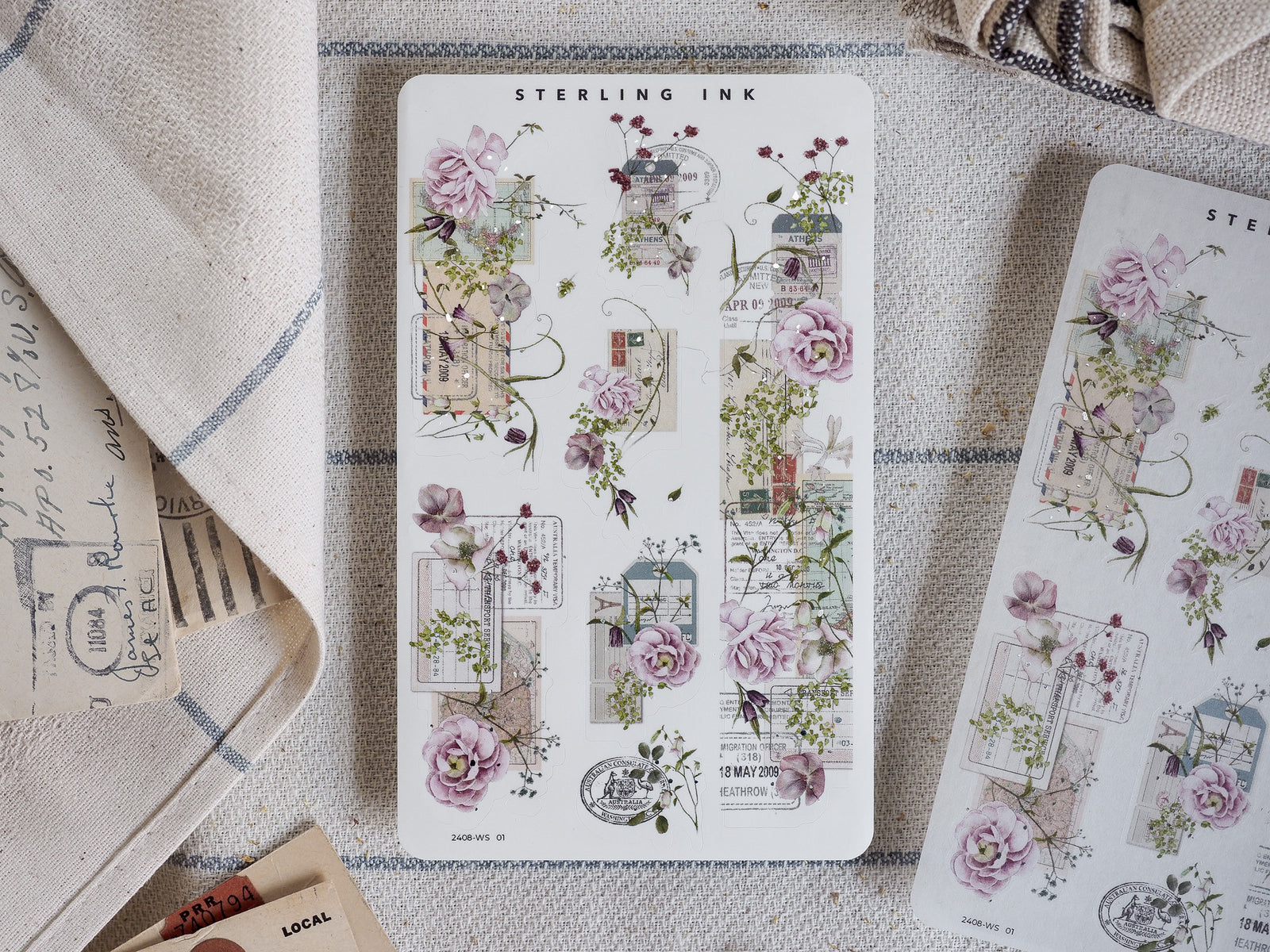 Vintage floral washi strip stickers featuring soft pastel roses, sepia-toned stamps, and nostalgic date elements for scrapbooking and journaling.
