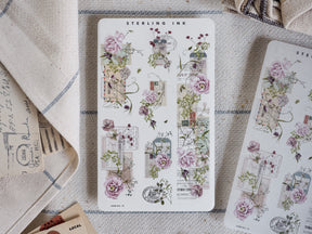 Vintage floral washi strip stickers featuring soft pastel roses, sepia-toned stamps, and nostalgic date elements for scrapbooking and journaling.