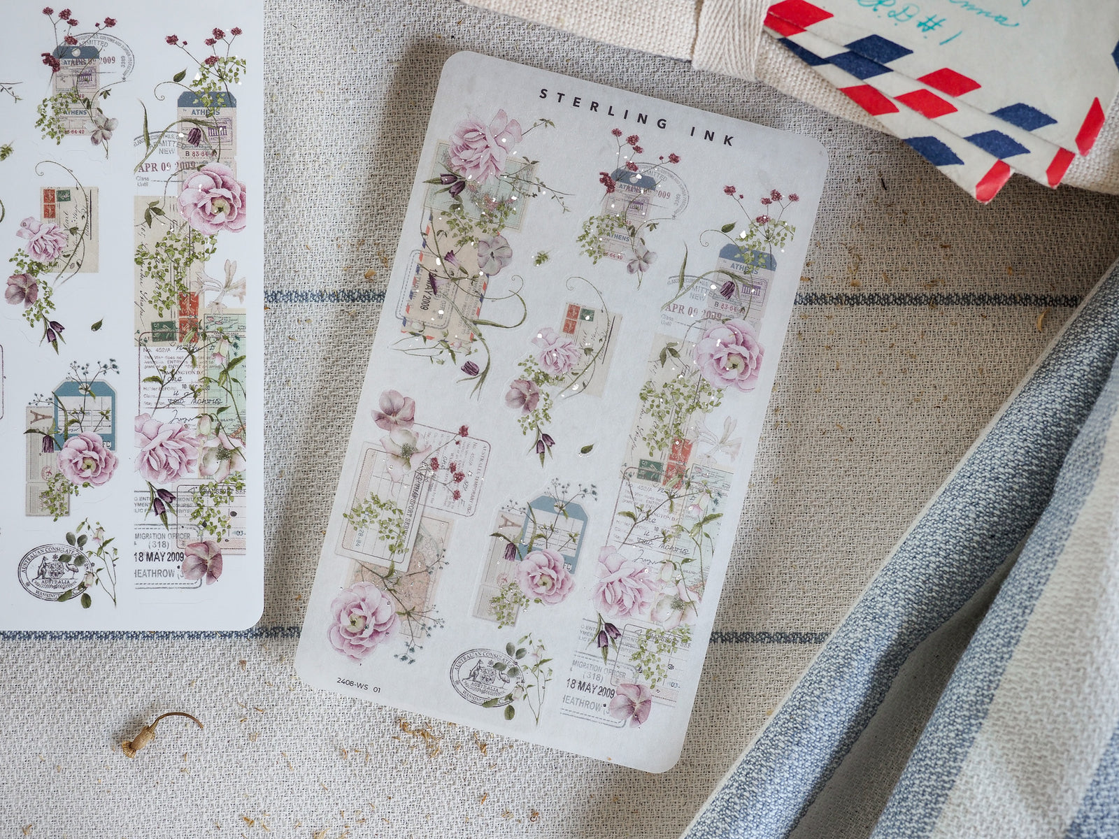 Vintage washi sticker strips featuring soft pink roses, delicate greenery, and elegant ephemera designs for journaling and scrapbooking.