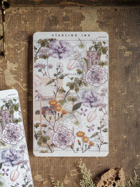 Vintage botanical thin strip stickers featuring detailed, colored illustrations of purple and pink wildflowers set against an antique scientific diagram background.