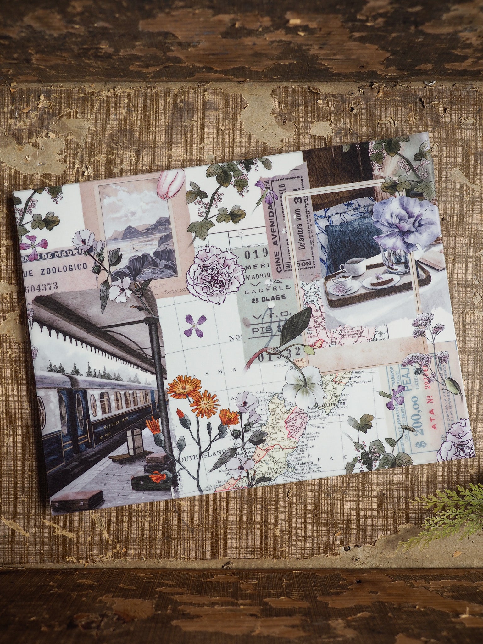Vintage travel sticker set for August 2025, featuring sepia-toned ephemera, antique railway scenes, London tickets, and delicate botanical elements.