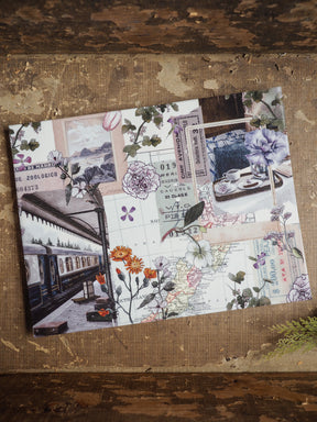 Vintage travel sticker set for August 2025, featuring sepia-toned ephemera, antique railway scenes, London tickets, and delicate botanical elements.