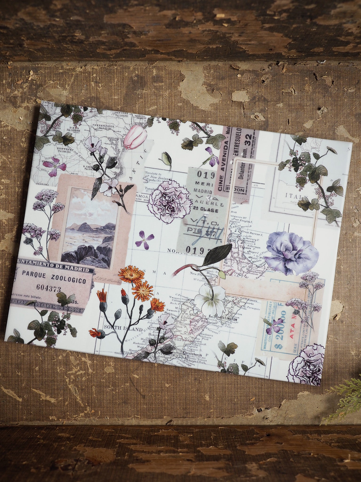 Botanical sticker sheet for August 2025, featuring vintage floral elements, labeled areas, and assorted ephemera styled with Spanish and Madrid travel themes.