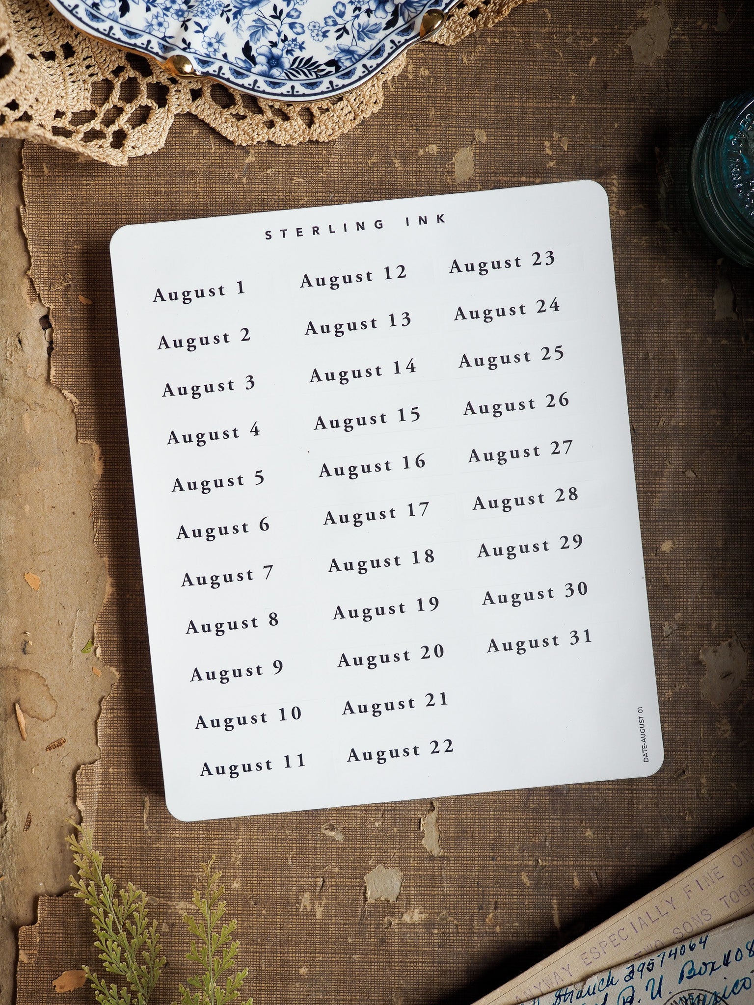 Clean, organized date sticker set for August 2025 featuring structured black typography on a crisp white background for easy planning and journaling.