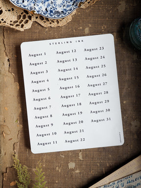 Clean, organized date sticker set for August 2025 featuring structured black typography on a crisp white background for easy planning and journaling.