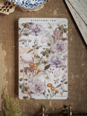 Vintage botanical deco sheet featuring a watercolor illustration of North Island, rendered in soft pastels, dusty purples, and cream tones.