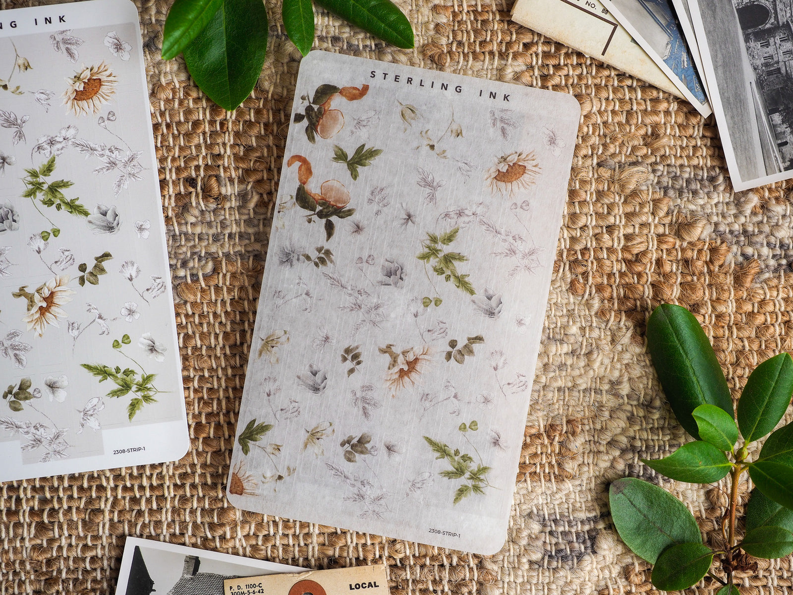 A sheet of vintage botanical stickers featuring a detailed pattern of pressed grasses, wildflowers, and dried botanicals in muted, soft earth tones.