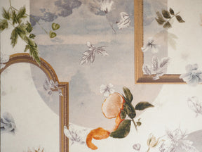 Soft watercolor botanical design featuring peaches, sage green leaves, and delicate white blossoms, perfect for a vintage-themed planner or journal cover.