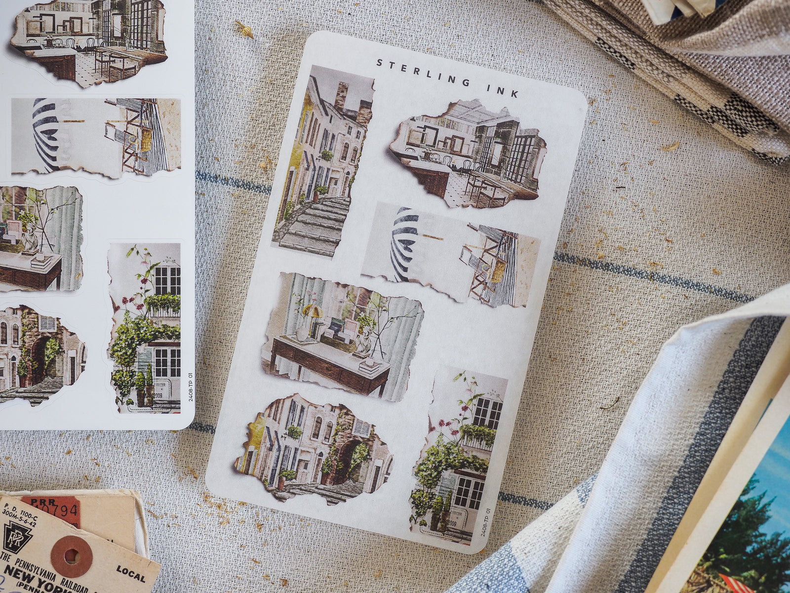 Ephemera-style sheet of torn paper collage art, showcasing various vintage European architectural scenes and nostalgic city details.